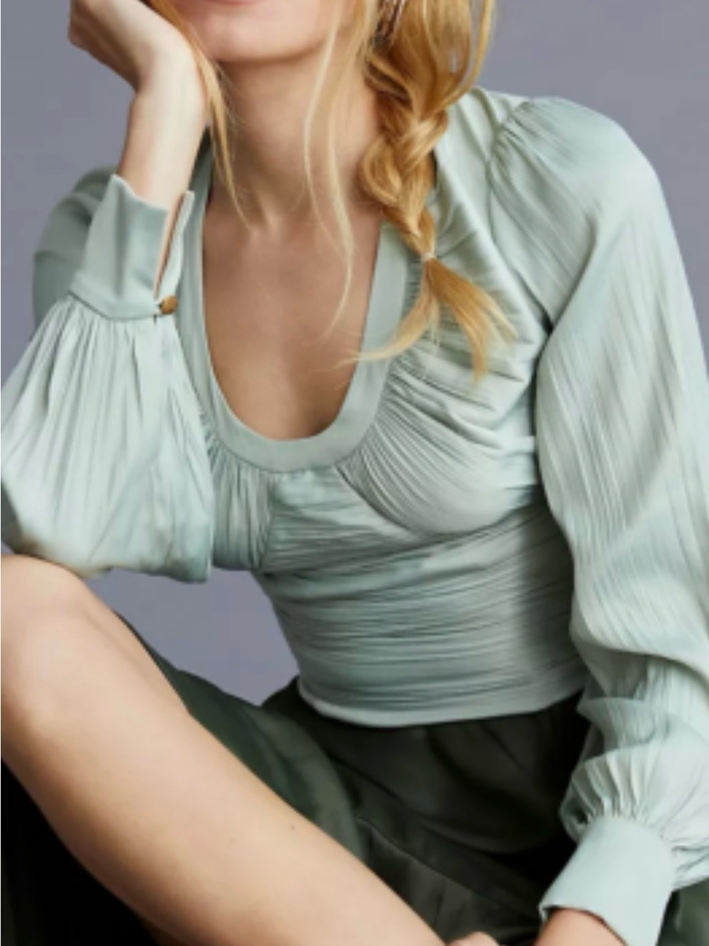 Anthropologie Scoop-Neck Pintuck Blouse in Sage Green